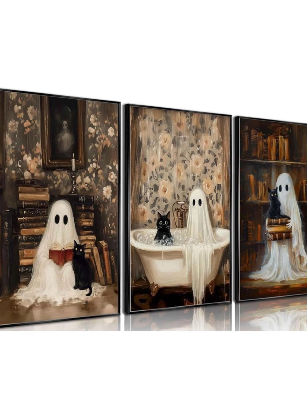 Whimsical Ghost & Black Cat Triptych